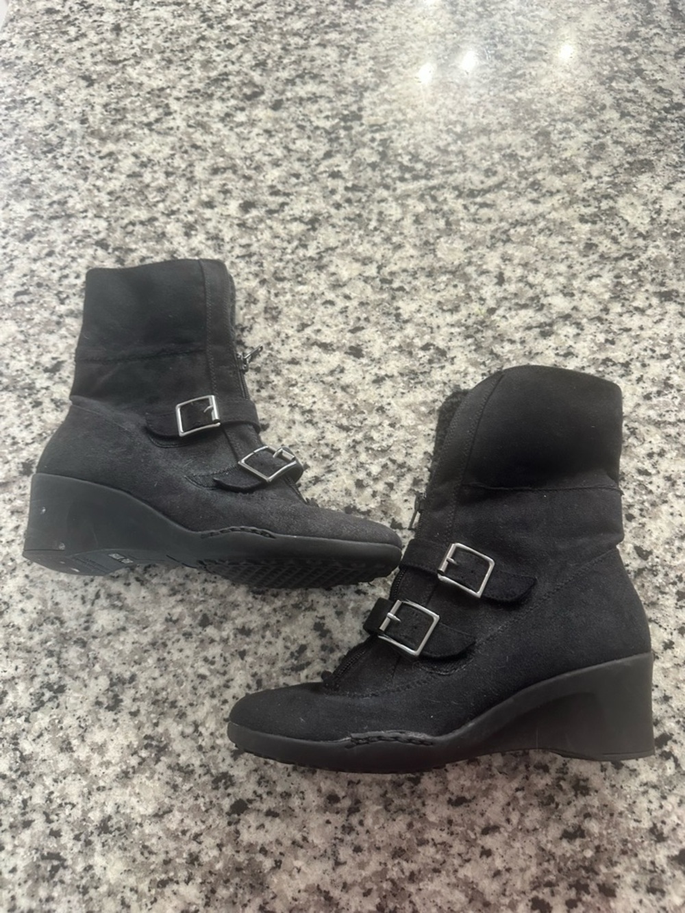 A2 By Aerosoles Black Suede Wedge Ankle Boots with Dual Buckles